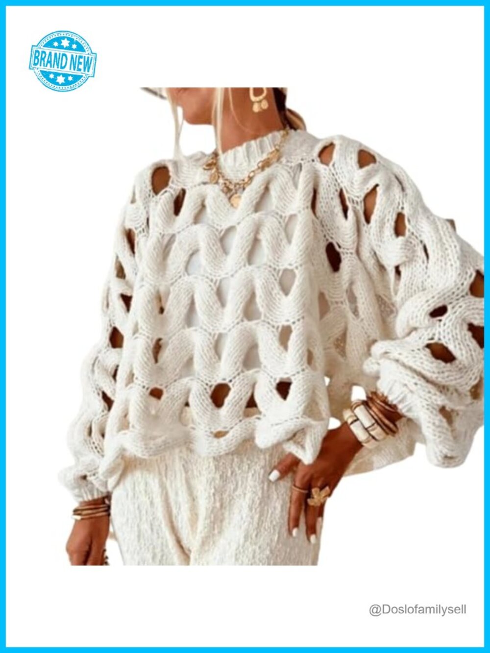 Hollow Out Crochet Knit Sweater Crew Neck Long Sleeve Oversized Crop Top